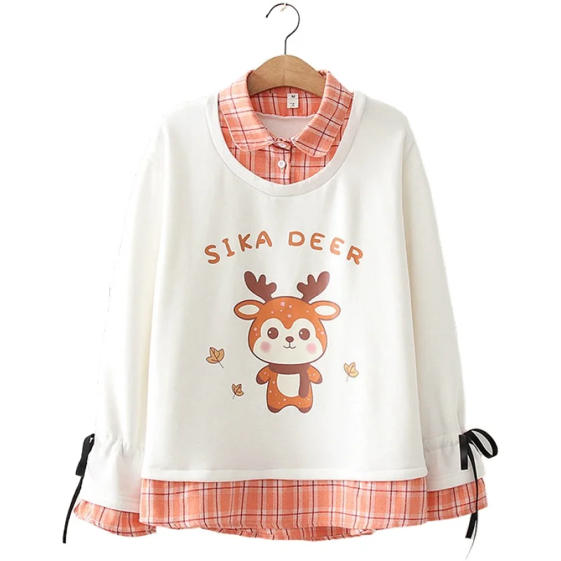 

Autumn Winter Japan Style Cartoon Print Women Fleece Fake Two Piece Lapel Plaid Plus Velvet Harajuku Sweatshirt 2011356