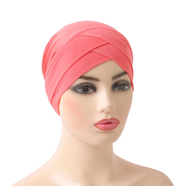H117 High Quality Criss Cross Muslim Hijab Inner Hat Underscarf Pull On Islamic Scarf Turban Caps Full Headcover Women Headwrap watermelon red