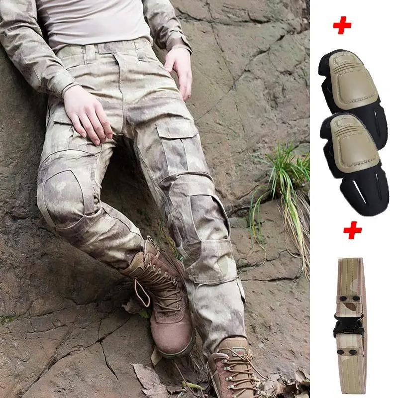 Pants with pads belt Камуфляжная военная одежда тактические штаны армейские военные форменные брюки воздушный Пейнтбольный бой Брюки карго с наколенниками - Цвет: Pants with pads belt