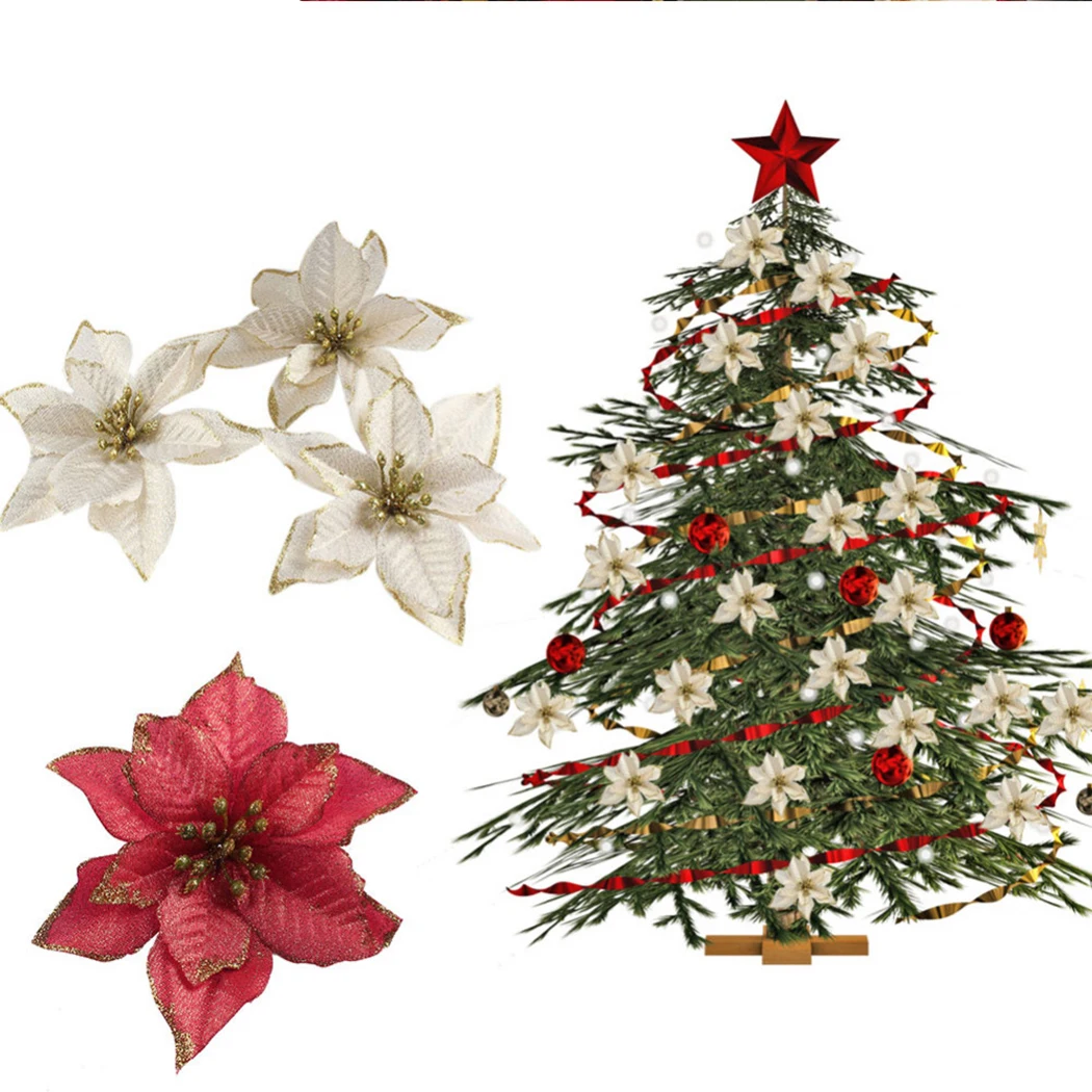 10PCS Christmas Flowers Xmas Christmas Tree Decorations Glitter Wedding Party Artificial Flowers Decor Drop Shipping