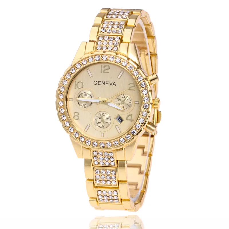

Cross Border Hot Selling Geneva Steel Belt Diamond Set MEN'S Watch Fashion Three Eye with Calendar Quartz Diamond Watch Manufact