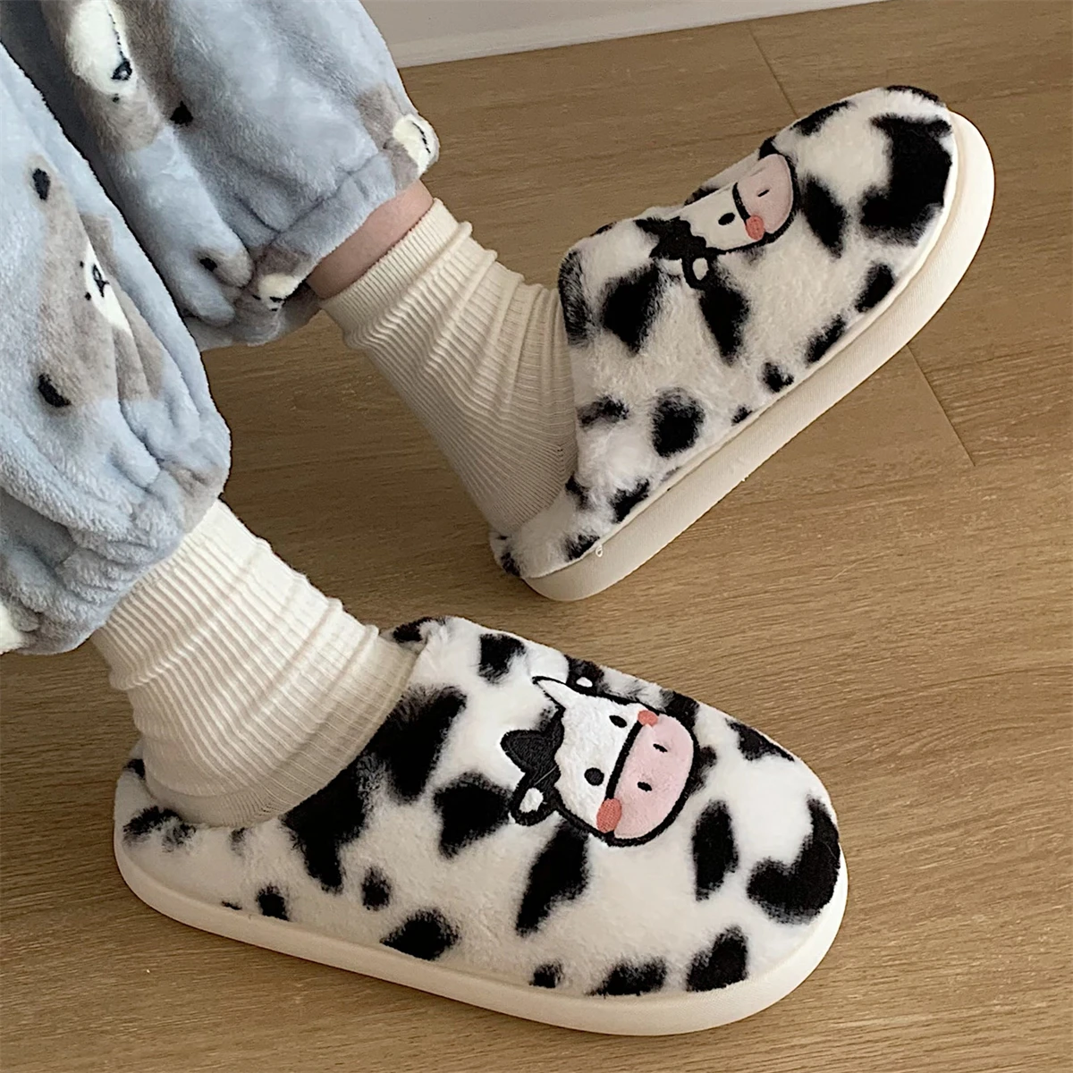 Cute Cow Print Plush Fluffy Slippers For Women Flip Flops Soft Fur Furry  House Slippers Warm Kids Children's Winter Shoes Woman - AliExpress