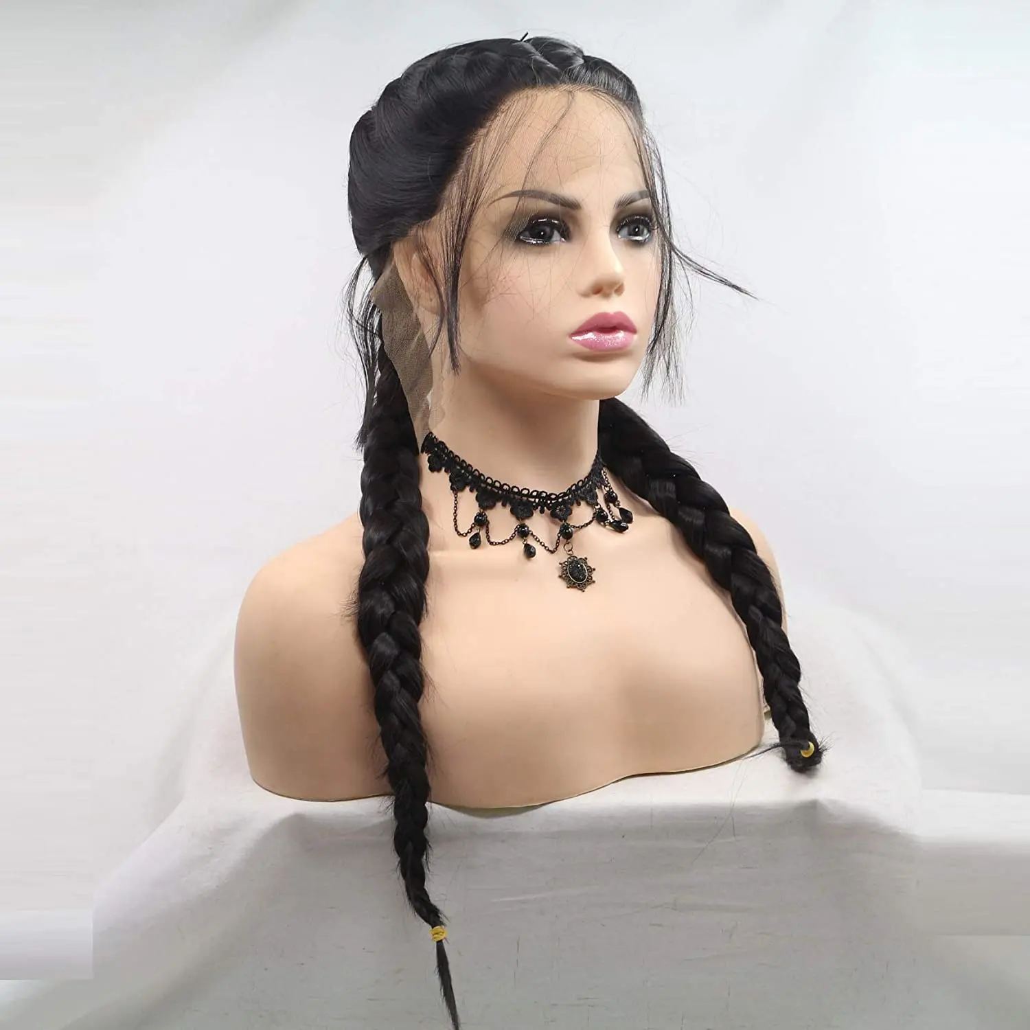 Melody Long 24" Black Braided Wig 2 Braids Highlight Big Braiding Synthetic Wig for Women