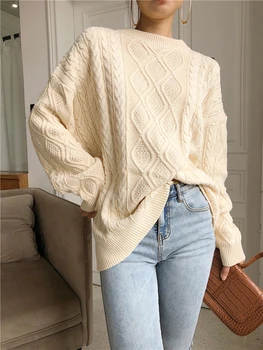 

ZCWXM New 2020 Spring Women Pullovers Sweater Oversize Knitting Loose Elegant Casual Solid Minimalist Tops Lantern Sleeve