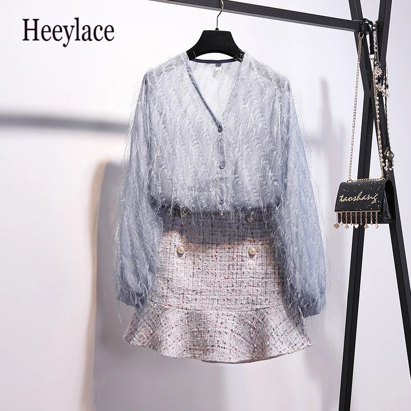 

Autumn 2019 Suit Set Women V Neck Feathers Tassels Sexy See Through Blouse Cardigan Top + Tweed Pencil Mermaid Mini Skirt Set