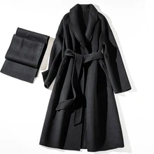 Cthink, хорошее качество, шерстяное длинное пальто для женщин с шарфом, модное облегающее теплое зимнее женское пальто с поясом, стильное,, черное, красное, серое пальто