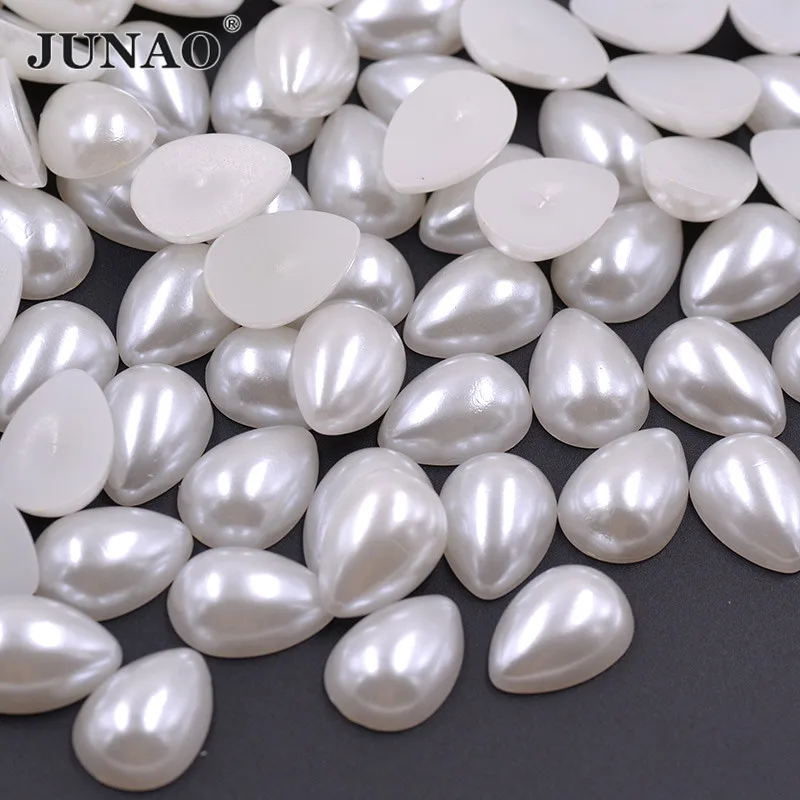 

JUNAO 500pcs 6*10mm White Drop Pearl Beads Flatback Plastic Imitation Pearl Scrapbook Half Beads For Jewelry Making Crafts