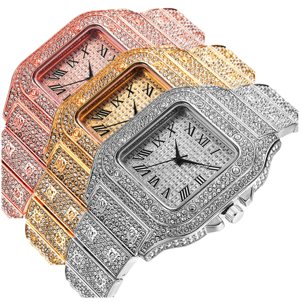 Iced Out per donna Hip Hop Miami Bling CZ cubano grande catena collana pavé strass oro orologio uomo_voghion.com