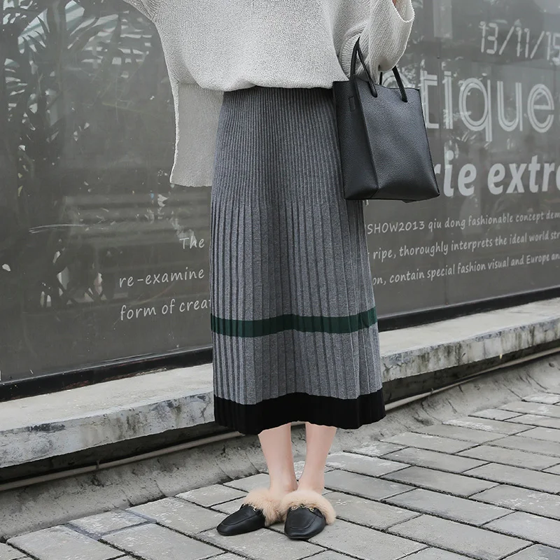 Лоскутные Полосатые трикотажные женские плиссированные юбки Осень Зима Высокая талия ретро длинная юбка женская Юбка-миди