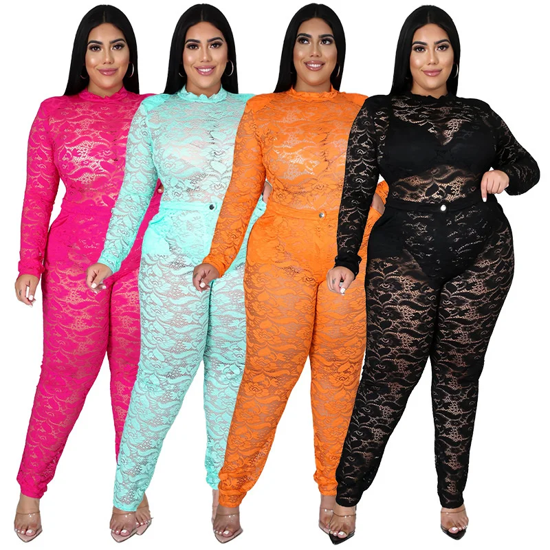 

2021 Sexy Women See-through Pants Two Piece Bikinis Sets Cover Up Bodysuit+Sheer Lace Plus Size Long Trousers Beachwear Swimsuit