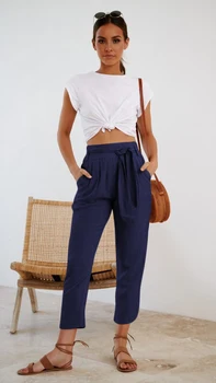 

Plus Size Office Lady High Waist Pants Women Drawstring Elastic Long Pants Bow Knot Casual Solid Color Trousers 3Colors S-2XL