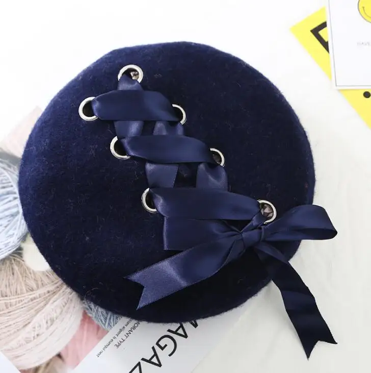 Navy Blue Harajuku женский бант лента мягкий берет шапка для Одежда для девочек Элегантный Пушистый плющовый береты - Цвет: Navy Blue