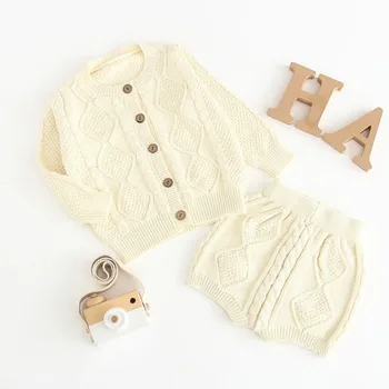 

Autumn Baby Girls Fashion Sweater Pants Clothes Sets Infant Kids Solid Color Single Breasted Outwear Trousers Outfits 2Pcs