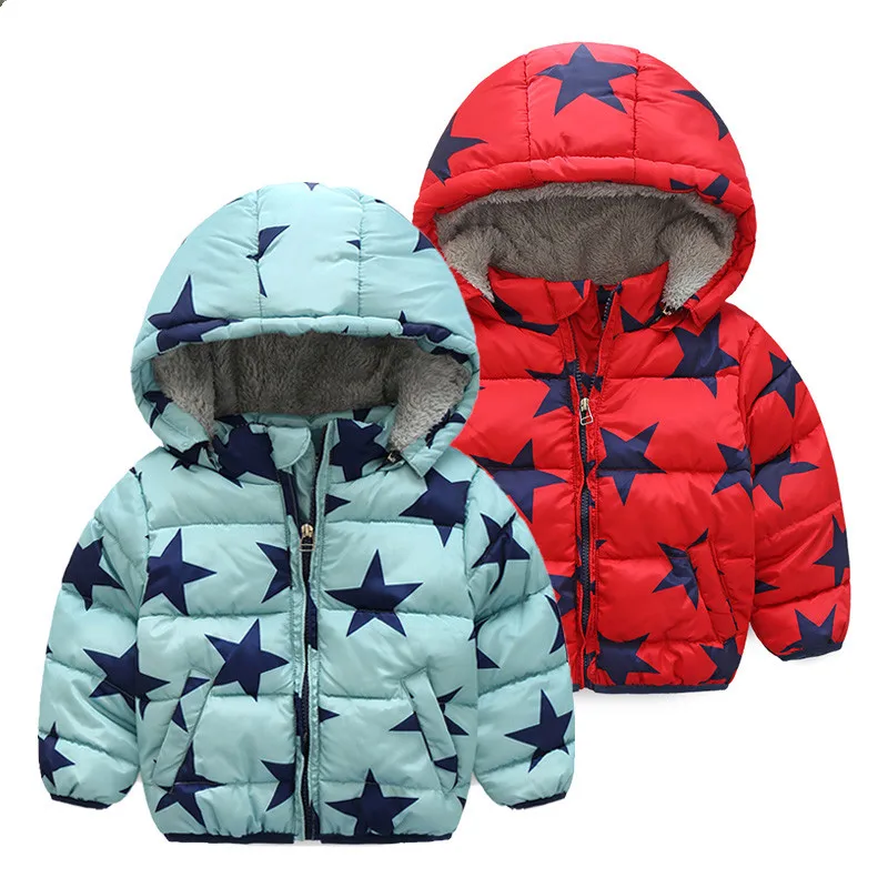 

2020 Cold Winter 2 3 4 6 8 9 10 Years Wadded Cotton Padded Thickening Plus Velet Kids Baby Boys Hooded Cartoon Star Jacket Coat