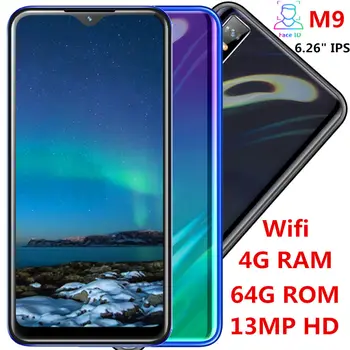 

M9 Global 4G RAM 64G ROM smartphones Water drop screen 6.26inch quad core 13mp Face ID unlocked android mobile phones celulares