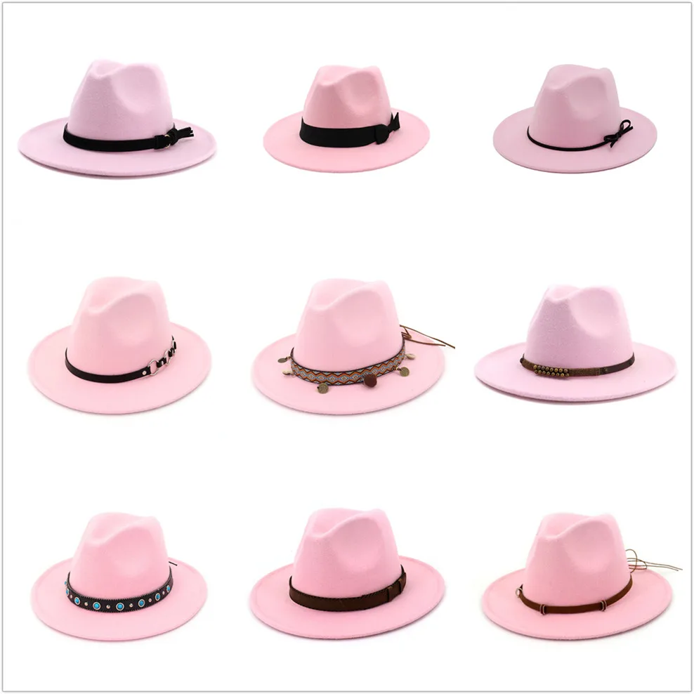 Trendy Pink Large Brim Faux Wool Felt Fedora Hats For Ladies Leather Band Ribbon Jazz Cap Trilby Cowboy Party Hat Wholesale | Аксессуары