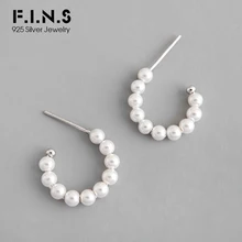 F.I.N.S Модные женские серьги-гвоздики с искусственным жемчугом и бусинами, 925 пробы серебряные серьги, Женские Двухцветные серьги с-образной формы