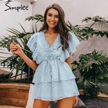 Женский синий комбинезон Simplee с оборками, женские летние шифоновые комбинезоны с V-образным вырезом, коротким рукавом и поясом, повседневные женские комбинезоны