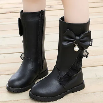 

Winter Boots For Children Girls Baby Anti-slip Lace Princess Butterfly-knot Shoes Fashion Zip Solid Color Long Leather Boots