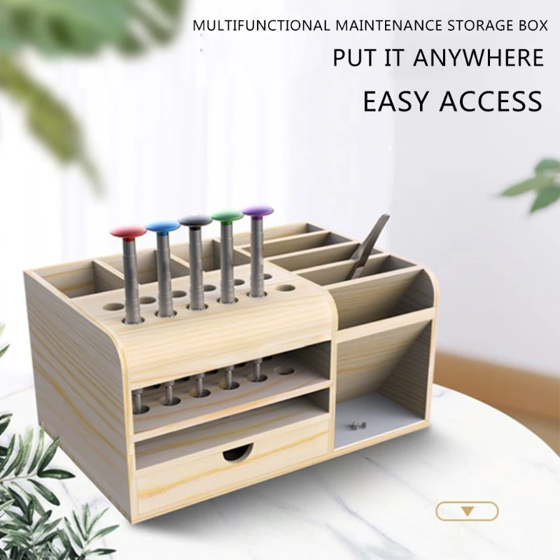 Tool Holder Wooden for Tweezers Screwdrivers Knives Rulers Compartment Storage Shelf Smartphone Remote Control mechanic tool bag