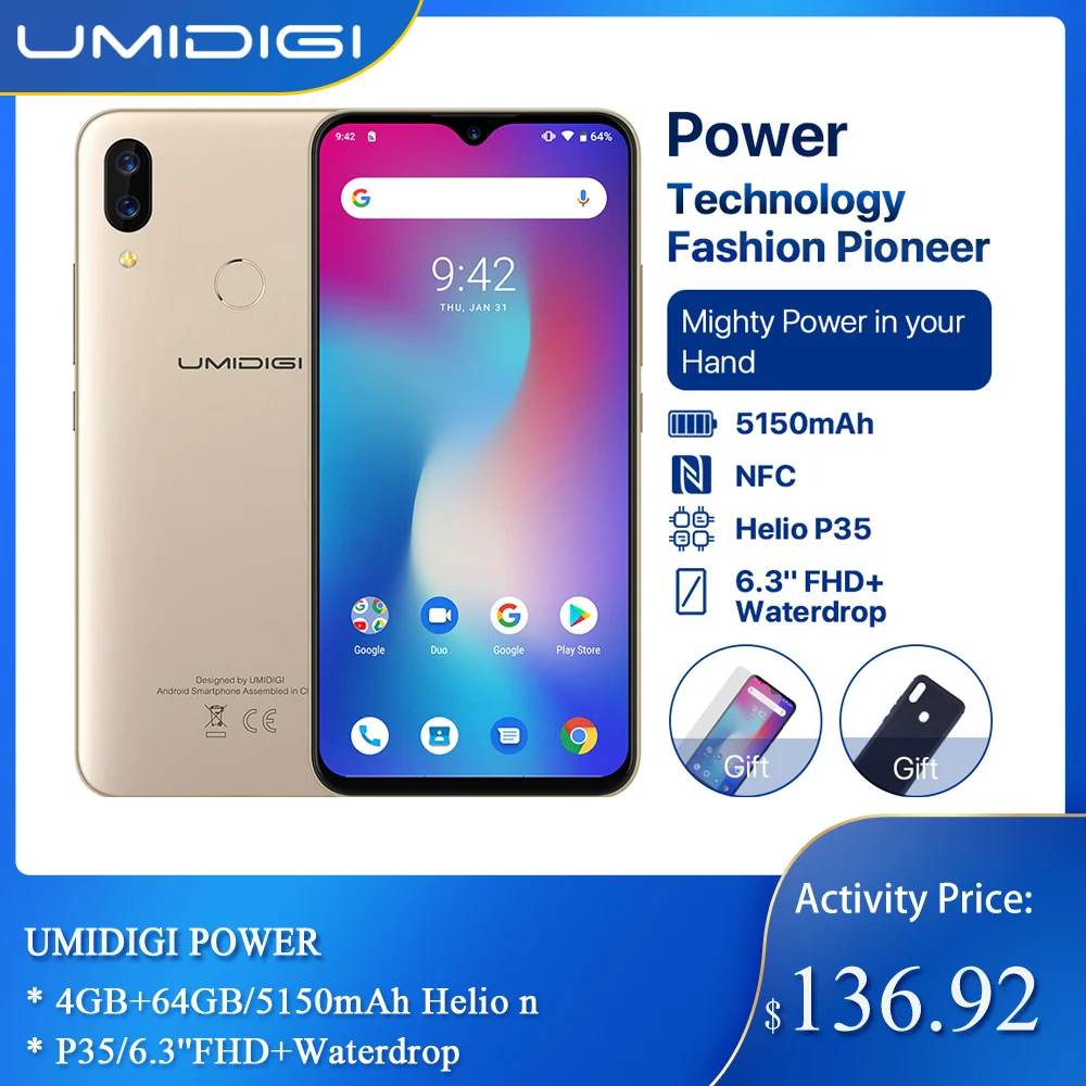 Глобальная версия UMIDIGI power Android 9,0 4 Гб+ 64 Гб 5150 мАч батарея 18 Вт 6,3 'FHD+ экран капли воды Helio P35 смартфон 16 МП