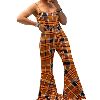 

Women's Jumpsuit 2020 New Sleeveless Bodycon Plaid Romper Spaghetti Strap Long Wide Leg Bell Pants One Piece Playsuit Plus Size
