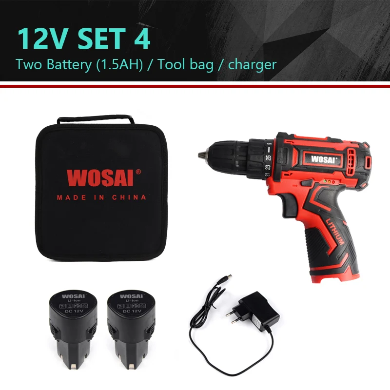 Set 4 WOSAI, 12 В, 16 В, 20 в, Аккумуляторная дрель, Электрическая отвертка, мини, беспроводной драйвер питания, литий-ионный аккумулятор постоянного тока, 3/8 дюйма - Цвет: Set 4