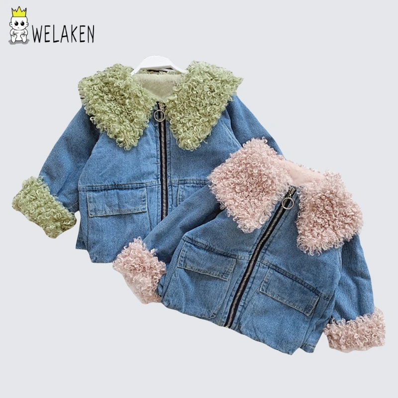 WeLaken/новые зимние джинсовые детские пальто и куртки одежда для малышей куртка с длинными рукавами для девочек, пальто с искусственным мехом для маленьких девочек