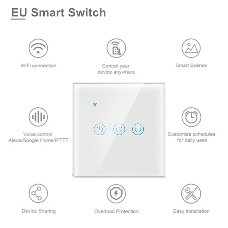 ACCKIP Wi-Fi настенный сенсорный Переключатель ЕС 1/2/3 приложение Tuya и приложение Smart Life дистанционного Управление работает с Alexa Google Home