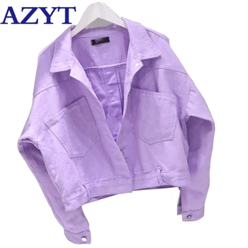 

AZYT Korean Loose Solid Female Denim Short Jacket 2020 Chic Pocket Long Sleeve Tops Harajuku BF Casual Short Jacket Women