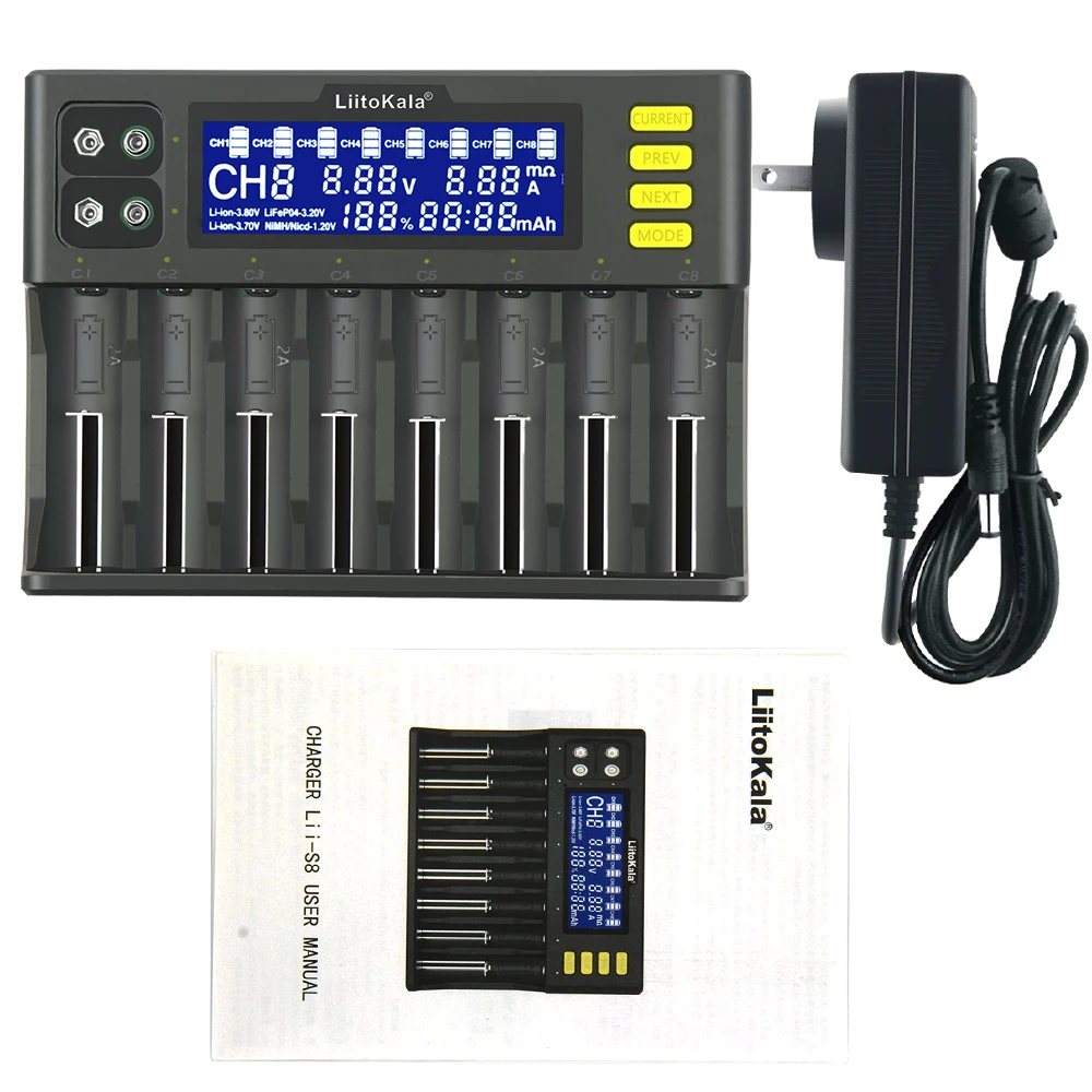 LiitoKala Lii-S8 8 слотов ЖК-зарядное устройство для Li-Ion LiFePO4 Ni-MH Ni-Cd 9 В 21700 20700 26650 18650 RCR123