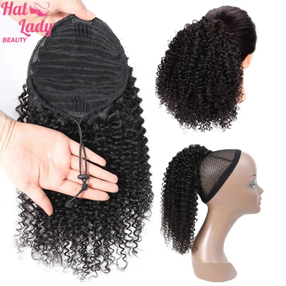 

Halo Lady Beauty Drawstring Afro Kinky Curly Ponytail Human Hair Remy Brazilian 1 Piece Clip In Hair Extensions Pony Tail 1B