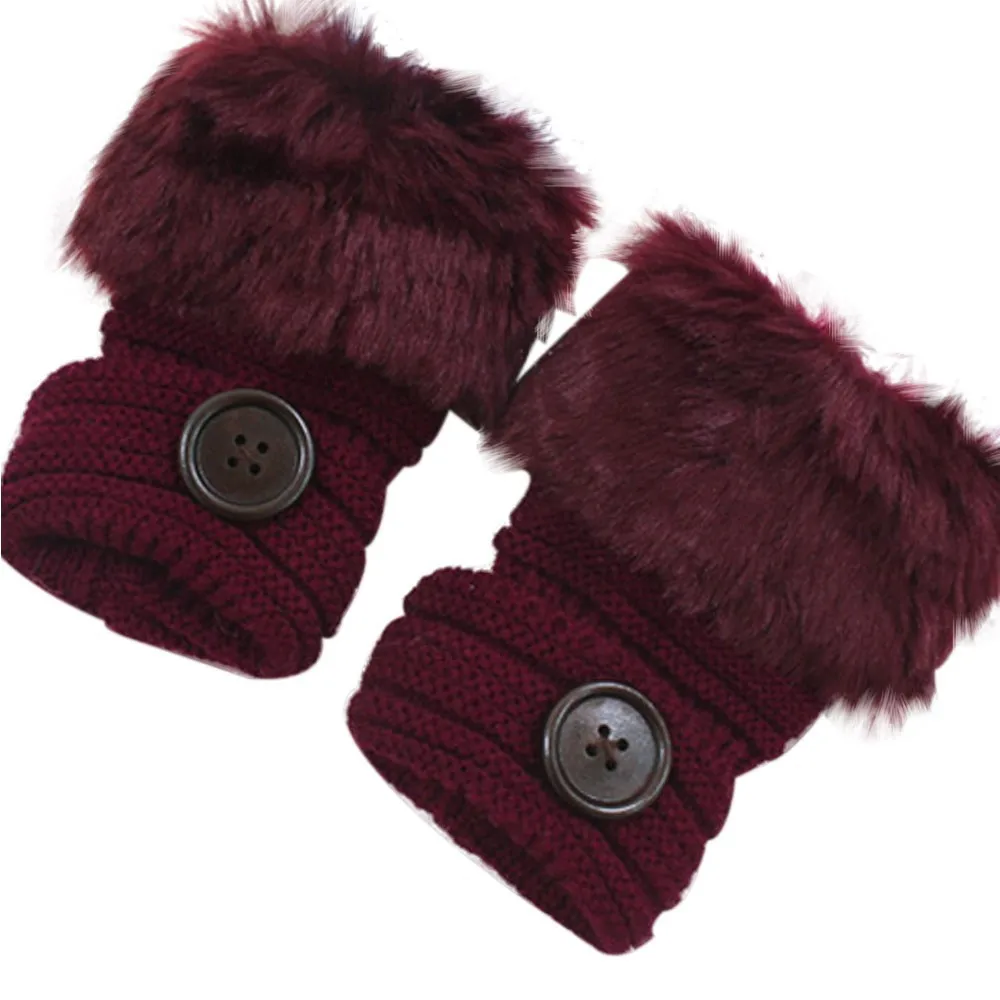 Зимние перчатки, женские перчатки без пальцев, с помпоном из искусственного меха, вязаные рукавицы, из кусков, плюшевые, ручная работа