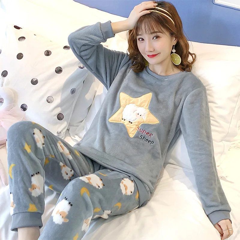 

2020Autumn Winter Warm Flannel Women Pyjamas Sets Thick Coral Velvet Long Sleeve Cartoon Sleepwear Thin Flannel Pajamas Set Girl