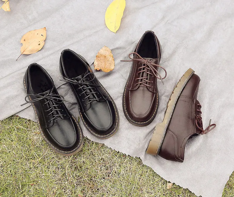 Women Platform Oxford Shoes 2022 Autumn Vintage Brown Leather Flats Lace Up Women Fashion Loafer Shoes Black Oxford Shoes