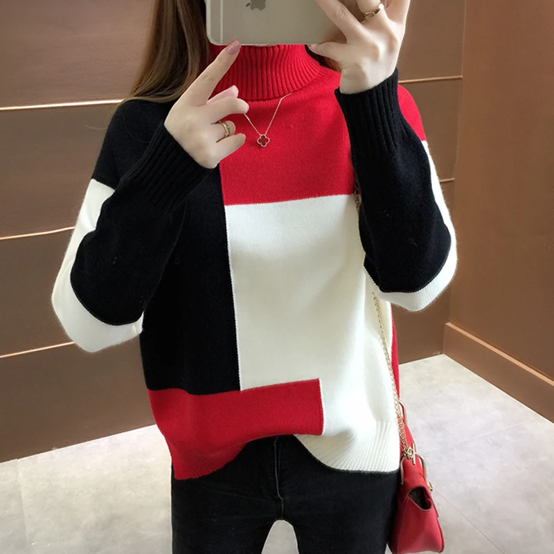 Baratos De gran tamaño suéter de punto de mujer Patchwork rojo de punto cuello alto de invierno Jersey sudadera coreana Casual ropa de abrigo suelto V644