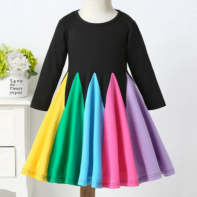 Осенние модные повседневные платья для маленьких девочек, разноцветное платье в стиле пэчворк с длинными рукавами, детские платья принцессы для малышей