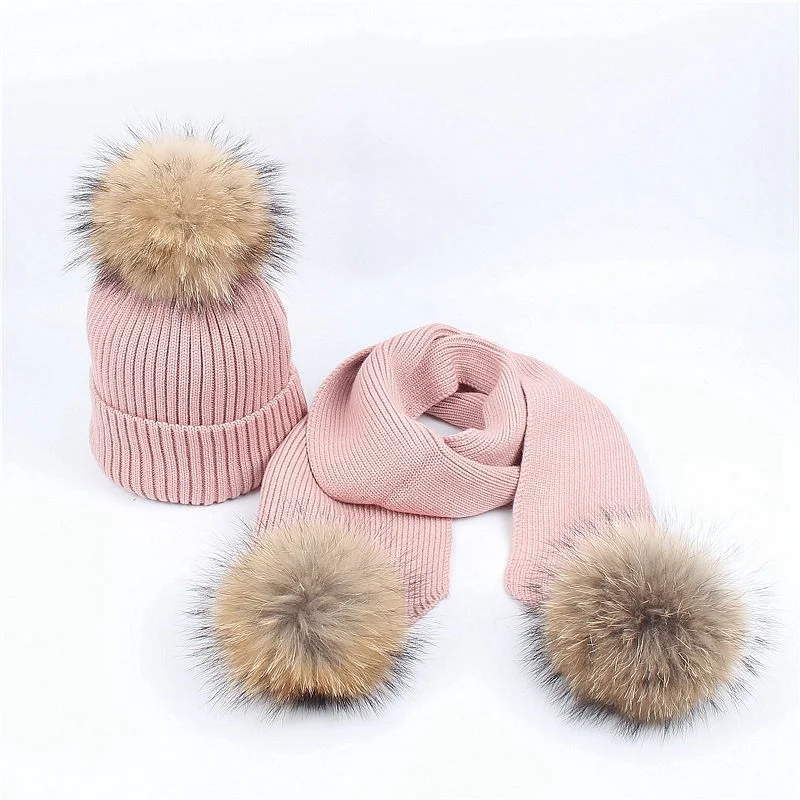Зимняя теплая настоящая меховая вязаная шапка из енота, 3 предмета, шапки с помпонами+ шарф, 2 предмета, детский подарок на год для детей 2-7 лет, меховая шапка - Цвет: pink