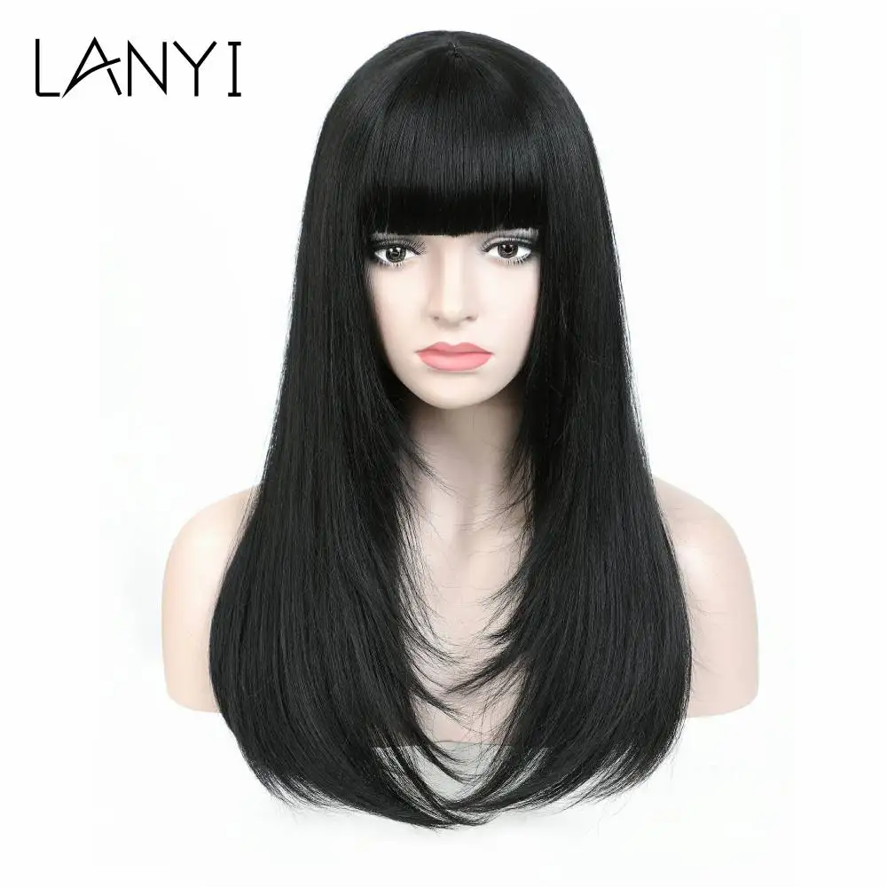 

LANYI 20 Inches Long Straight Black Women’s Wigs with Bangs For Famle Daily use Cosplay wig Heat Resistant Lolita Wigs