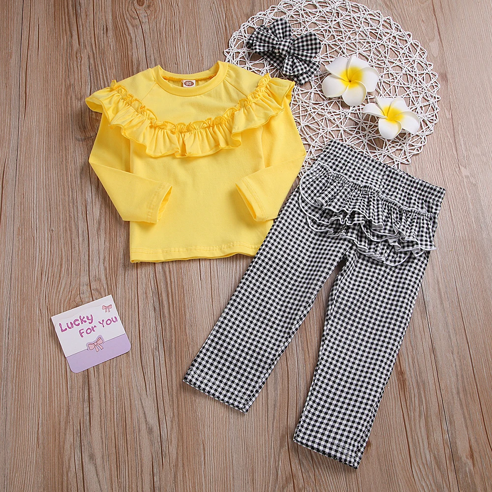 Ceny On Hello cieszyć dziewczyny ubrania zestawy T koszula + spodnie w kratę + z pałąkiem na głowę księżniczka zestawy Infantil odzież dla dzieci moda projekt 2019 jesień