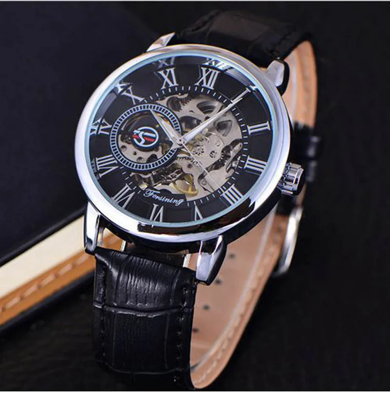2021 Fashion 3D Logo Engraving Golden leather belt Men Mechanical Watch Forsining Transparent Case Top Brand Luxury Skeleton