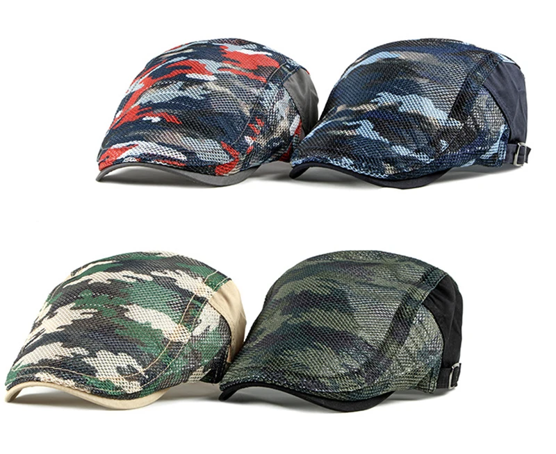 mens knit beret Wuaumx Unisex Summer Berets Hat Men Women Breathable Mesh Sun Visors Camouflage Beret Caps Net Herringbone Flat Cap Boina hombre beret male