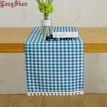 

Modern Style Home Christmas Decorative Unique Light Blue Geometric Plaid Modern Style Table Runner With Lovely Braid Ball Lace