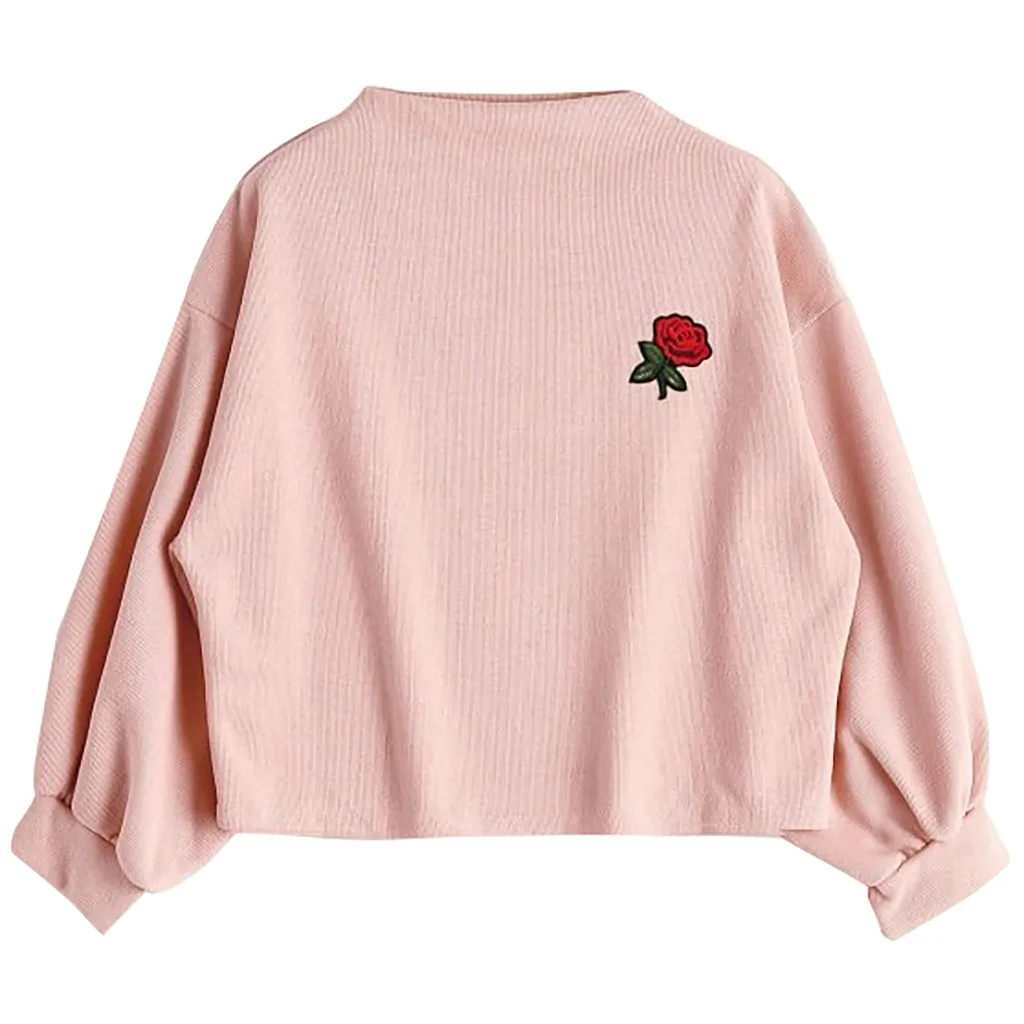 JAYCOSIN Fashion Women Casual Simple Solid Color Flower Embroidery Strappy Loose Hoodie Sweatshirt Comfortable Soft Blouse 