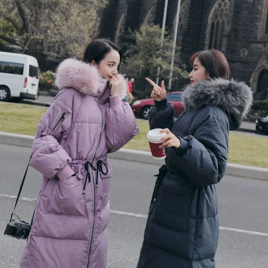

Photo Shoot College Style CHIC Contrast Color Drawstring Waist Hugging down Coat Mid-length Large Fur Collar Hooded Thick Cotton