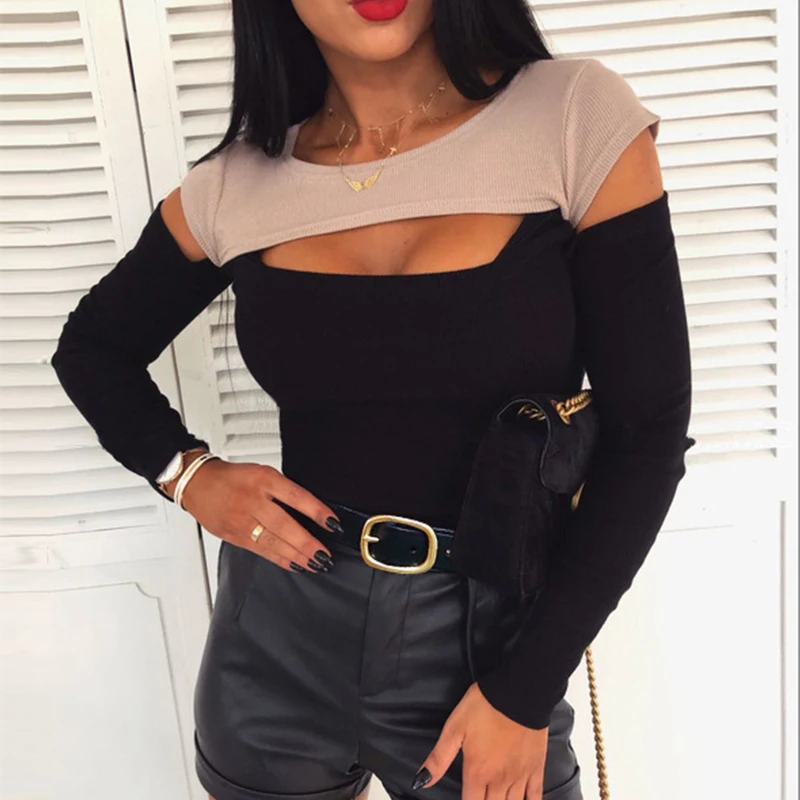 Sexy Off Shoulder Cut Off Patchwork Spring Shirts 2020 Women Hollow Out O Neck Elegant Blouse Autumn Long Sleeve Rib Tops Blusas Sexy Off Shoulder Cut Off Patchwork Spring Shirts 2020 Women Hollow Out O Neck Elegant Blouse Autumn Long Sleeve Rib Tops Blusas