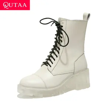 

QUTAA 2021 Cow Leather Lace Up Zipper Women Pumps Autumn Winter Square Heel Ankle Boots Casual Round Toe Women Shoes Size 34-43
