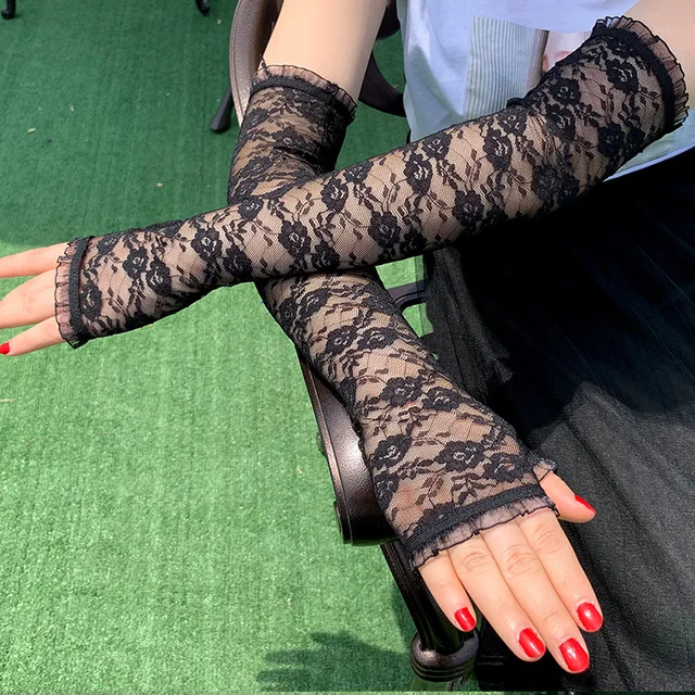 Women Summer Arm Sleeves Gloves Sexy Lace Flowers Gloves Fingerless Mittens Covered Scar Elastic Sleeve Driving Sunscreen Gloves 2