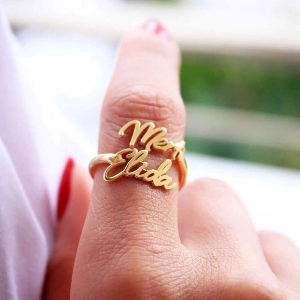 

Personalized Adjustable Double Name Couple Rings For Women Stainless Steel Custom Two Names Birthday Jewelry Men/Women Gift