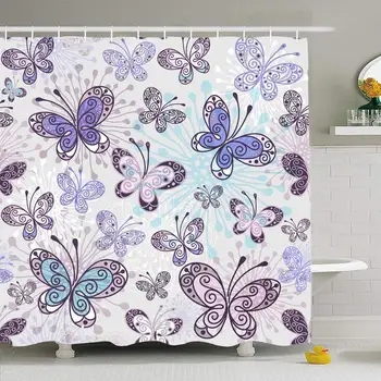 

Shower Curtain Set with Hooks 72x72 Pinkvioletblue Pattern Transparent Silhouette Butterflies Scroll Textured Purple Vintage